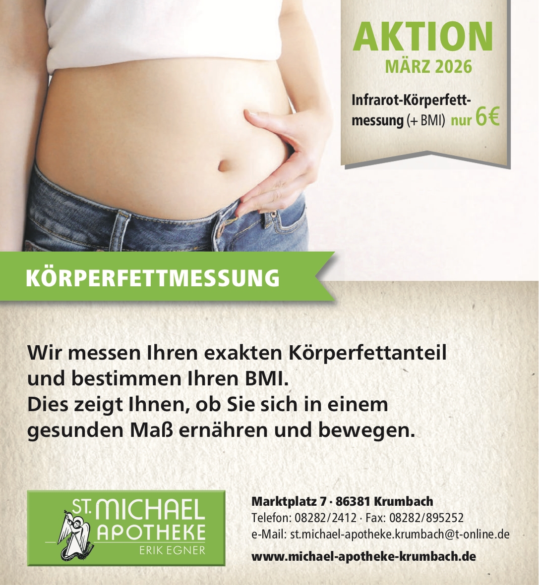 Körperfettmessung Aktion im März zu 6 EUR je Messung in der St. Michael Apotheke in Krumbach