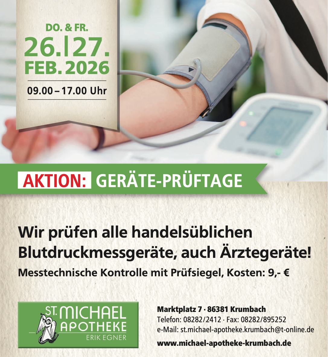 Aktionsmotiv der St. Michael Apotheke in Krumbach: Bei den Geräte-Prüftagen am 26. und 27. Februar 2026 werden handelsübliche Blutdruckmessgeräte, auch Ärztegeräte, messtechnisch geprüft und mit Prüfsiegel versehen.